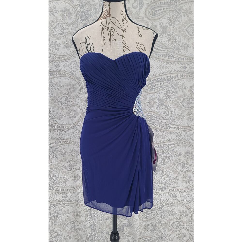 Morgan & Co Glam HOCO party Mini Dress Sz 3/4 Crystal embellishment pleated Blue - Picture 2 of 14